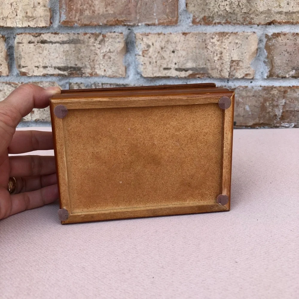Vintage Solid Wood Small Jewelry Box, Heart Shape Etched Glass Window, Padded